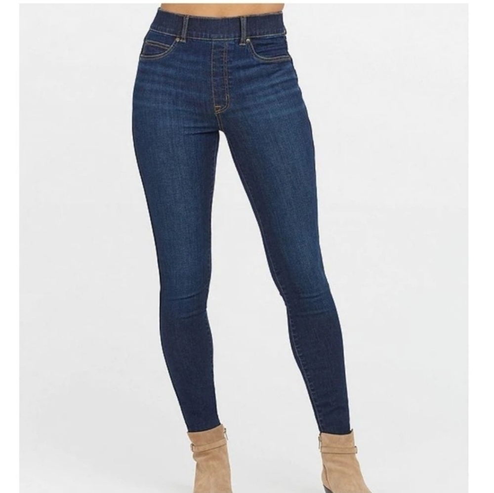 Spanx Ankle Skinny Pull On Stretch Jeans Blue Midnight Shade Size Small